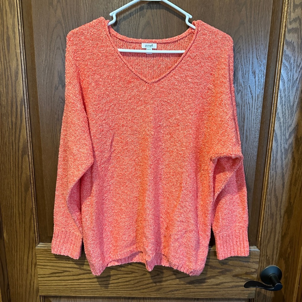 pure jill Coral V Neck Knit Sweater Long Sleeve Relaxed Fit Women Size S